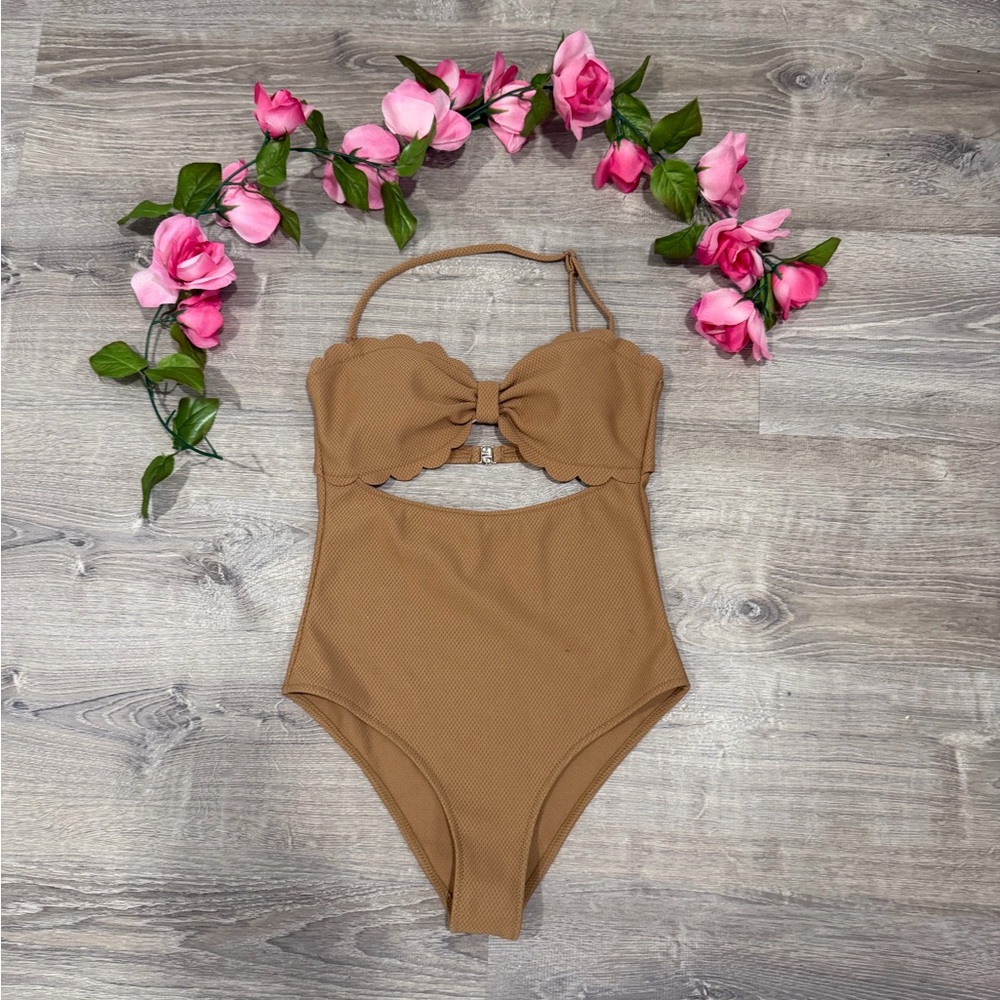 Tan Halter Strapless Scallop One Piece Small High Waisted Bathing Swimsuit - Picture 7 of 7